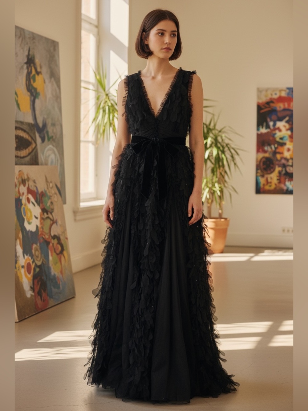 Carolina Herrera Black Ruffle Lace V-Neck Maxi Gown Dress Size XS